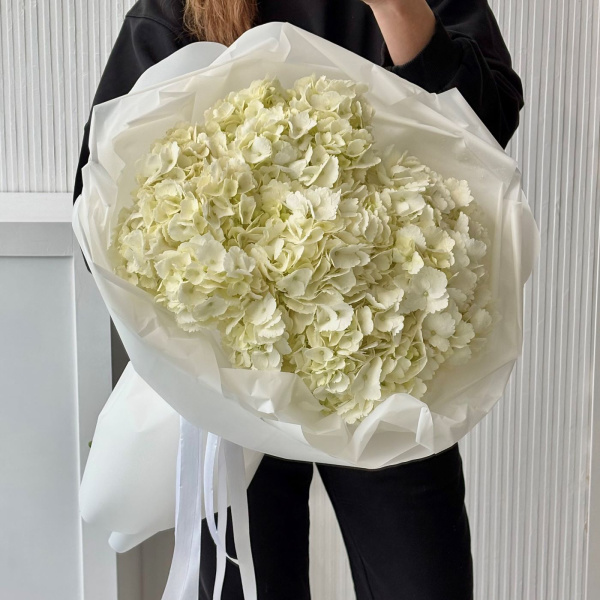 БУКЕТ С БЕЛЫМИ ГОРТЕНЗИЯМИ
